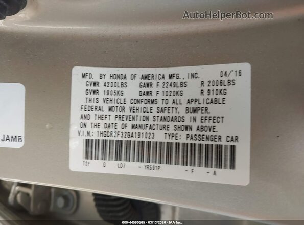 1HGCR2F32GA191023 2016 HONDA ACCORD Beige Vista del compartimento del motor