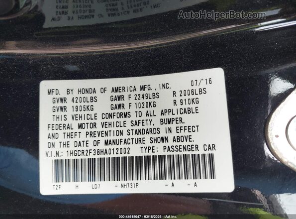 1HGCR2F38HA012002 2017 HONDA ACCORD Black Vista del compartimento del motor