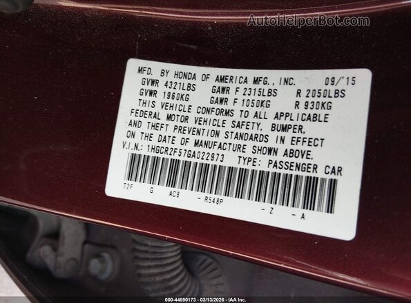 1HGCR2F57GA022973 2016 HONDA ACCORD Burgundy 