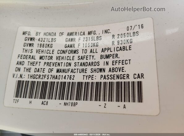 1HGCR2F57HA014762 2017 HONDA ACCORD White Вид підкапотного простору