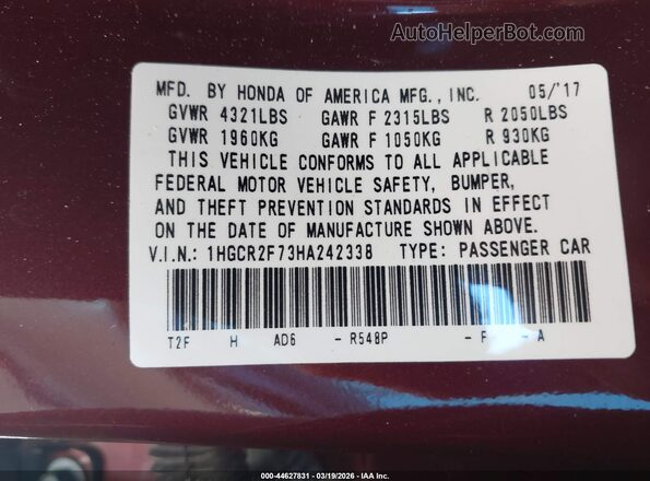 1HGCR2F73HA242338 2017 HONDA ACCORD Maroon 