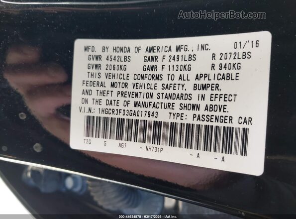 1HGCR3F03GA017943 2016 HONDA ACCORD Black Շարժիչի բաժամունքի տեսք