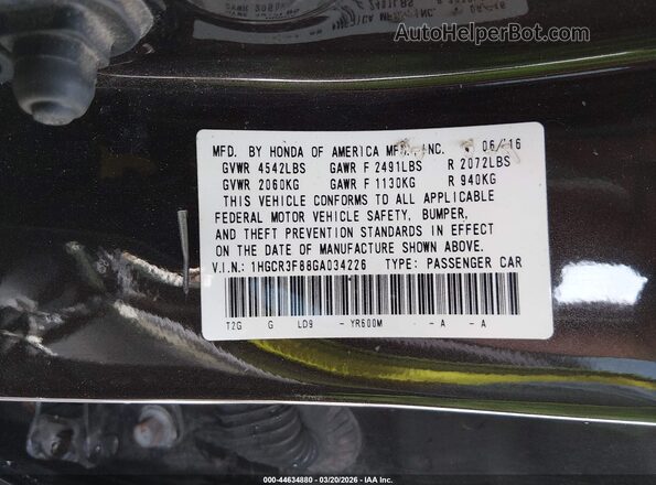 1HGCR3F88GA034226 2016 HONDA ACCORD Black Widok komory silnika