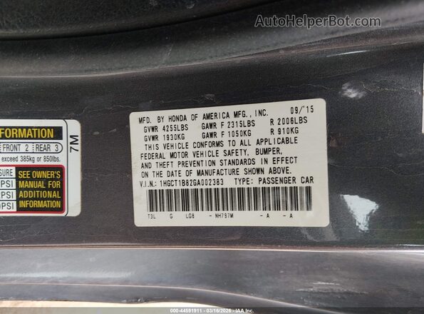 1HGCT1B82GA002383 2016 HONDA ACCORD Gray Vista del compartimento del motor