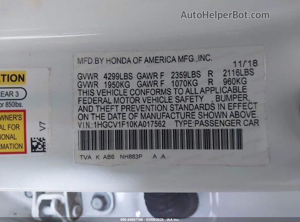 1HGCV1F10KA017562 2019 HONDA ACCORD White Widok komory silnika