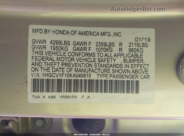 1HGCV1F10KA040615 2019 HONDA ACCORD Champagne Շարժիչի բաժամունքի տեսք