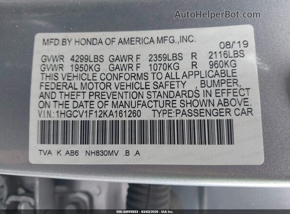 1HGCV1F12KA161260 2019 HONDA ACCORD Silver Vista del compartimento del motor