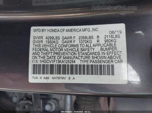 1HGCV1F13KA125254 2019 HONDA ACCORD Gray Widok komory silnika