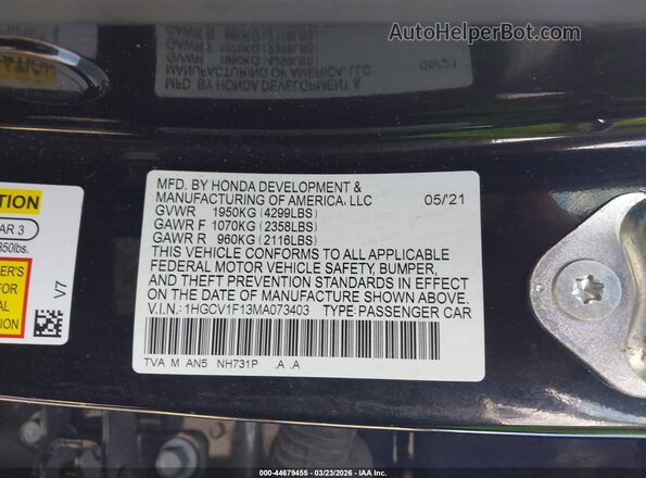 1HGCV1F13MA073403 2021 HONDA ACCORD Black ძრავის განყოფილების ხედი