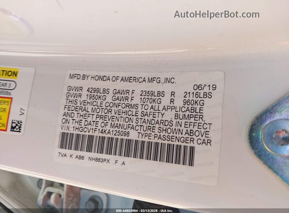 1HGCV1F14KA125098 2019 HONDA ACCORD White Widok komory silnika