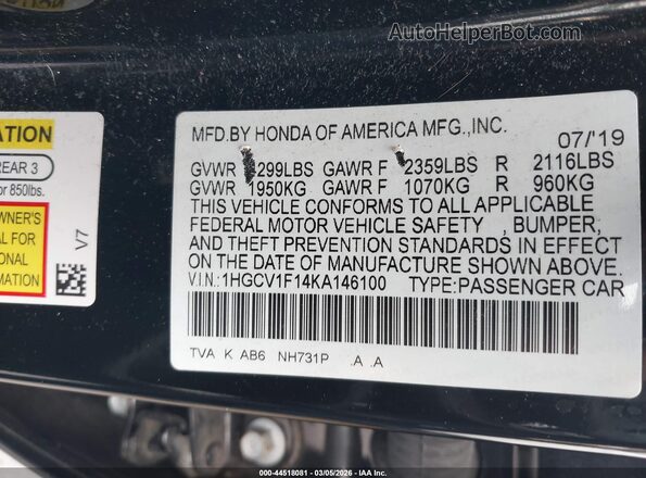 1HGCV1F14KA146100 2019 HONDA ACCORD Black 