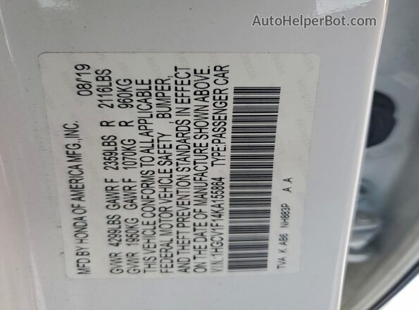 1HGCV1F14KA155864 2019 HONDA ACCORD White 