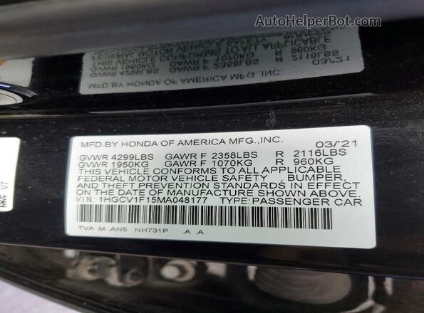1HGCV1F15MA048177 2021 HONDA ACCORD Black Вид наклейки з VIN-кодом