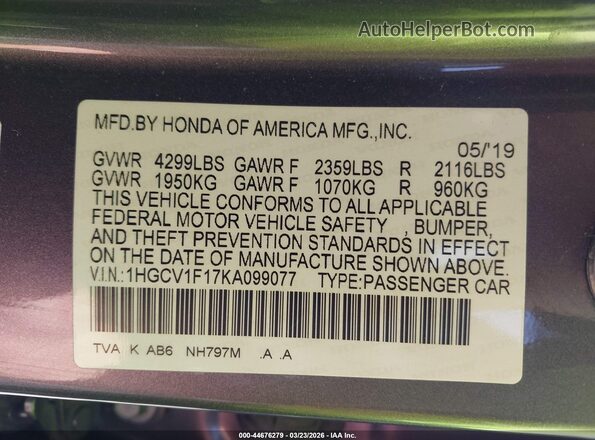 1HGCV1F17KA099077 2019 HONDA ACCORD Gray 