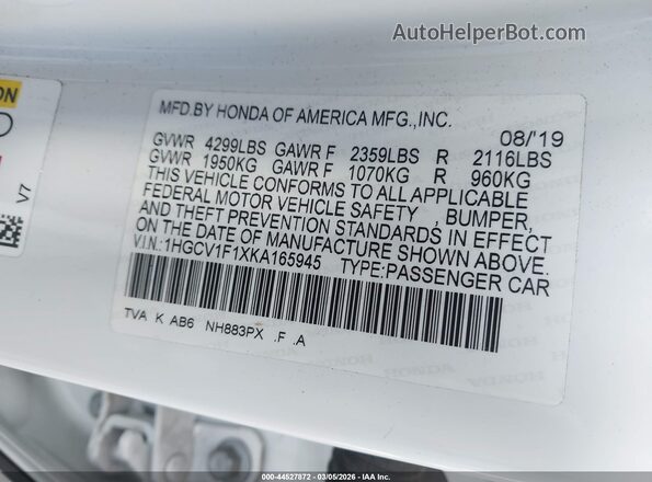 1HGCV1F1XKA165945 2019 HONDA ACCORD White 