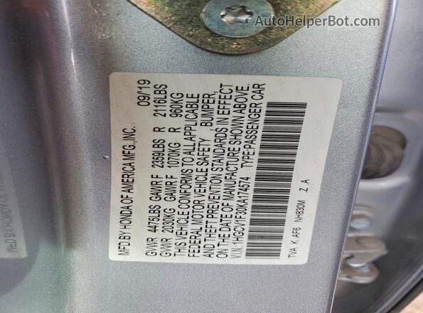 1HGCV1F30KA174574 2019 HONDA ACCORD Silver 