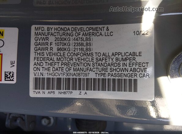 1HGCV1F30NA087097 2022 HONDA ACCORD Серый Вид подкапотного пространства