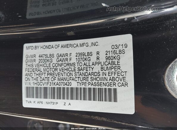 1HGCV1F31KA070420 2019 HONDA ACCORD Black Շարժիչի բաժամունքի տեսք