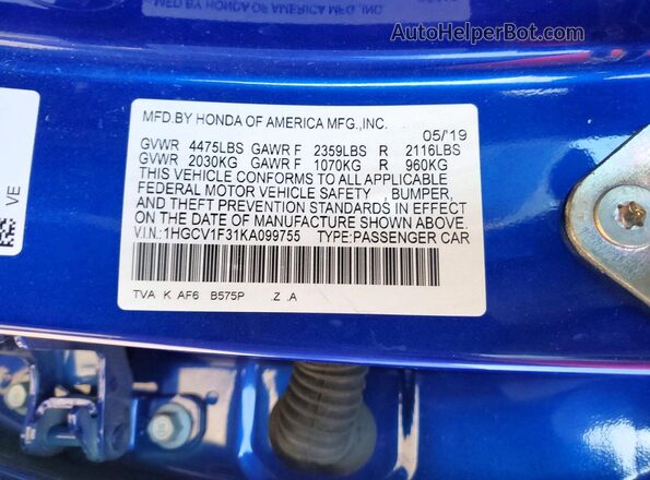 1HGCV1F31KA099755 2019 HONDA ACCORD Blue Widok naklejki z numerem VIN