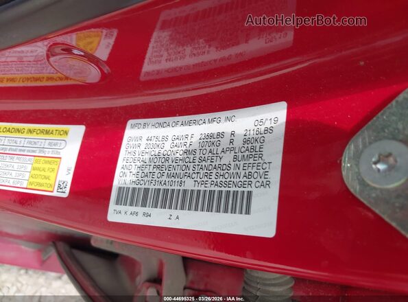 1HGCV1F31KA101181 2019 HONDA ACCORD Red Вид підкапотного простору
