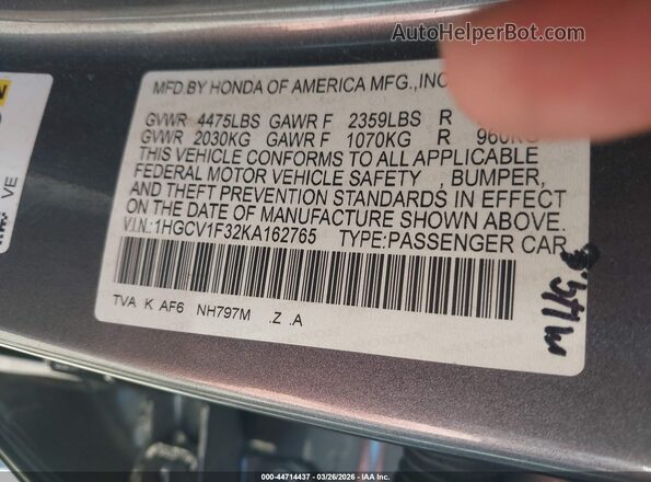 1HGCV1F32KA162765 2019 HONDA ACCORD Gray ძრავის განყოფილების ხედი
