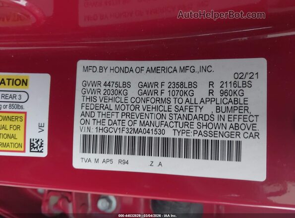 1HGCV1F32MA041530 2021 HONDA ACCORD Red Շարժիչի բաժամունքի տեսք
