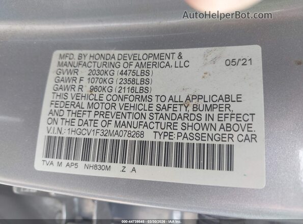 1HGCV1F32MA078268 2021 HONDA ACCORD Silver Вид підкапотного простору