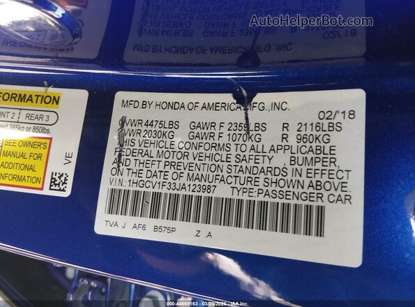 1HGCV1F33JA123987 2018 HONDA ACCORD Blue Vista del compartimento del motor