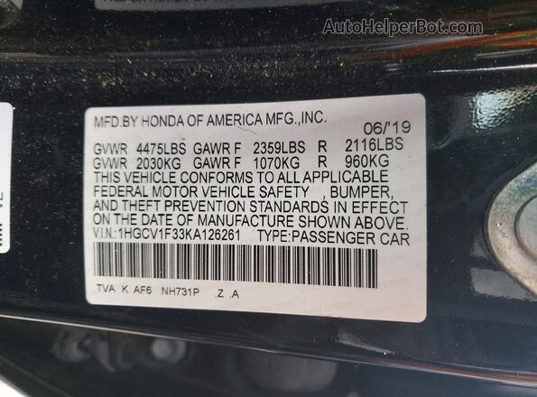 1HGCV1F33KA126261 2019 HONDA ACCORD Black 