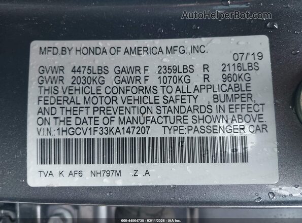 1HGCV1F33KA147207 2019 HONDA ACCORD Gray Widok komory silnika