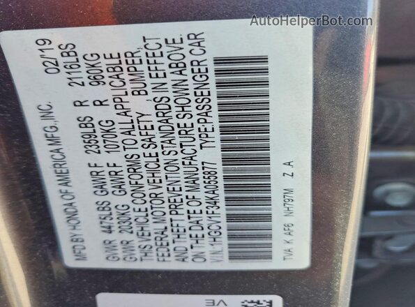 1HGCV1F34KA055877 2019 HONDA ACCORD Gray 