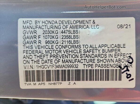 1HGCV1F34MA099932 2021 HONDA ACCORD Silver Vista de la etiqueta del VIN