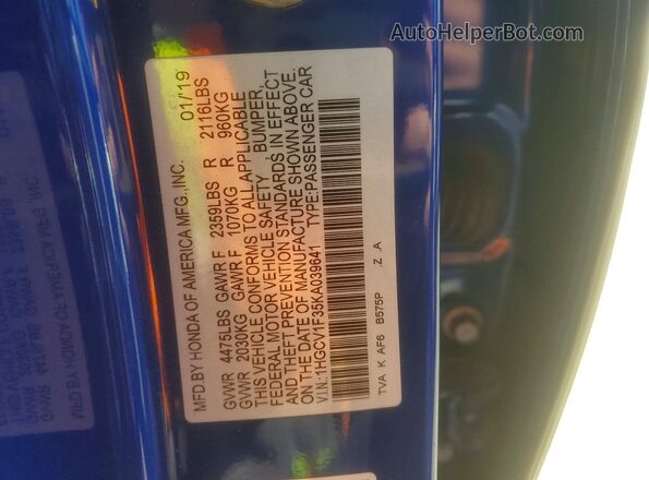 1HGCV1F35KA039641 2019 HONDA ACCORD Blue 