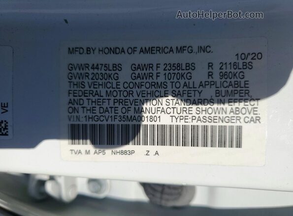 1HGCV1F35MA001801 2021 HONDA ACCORD White VIN sticker view