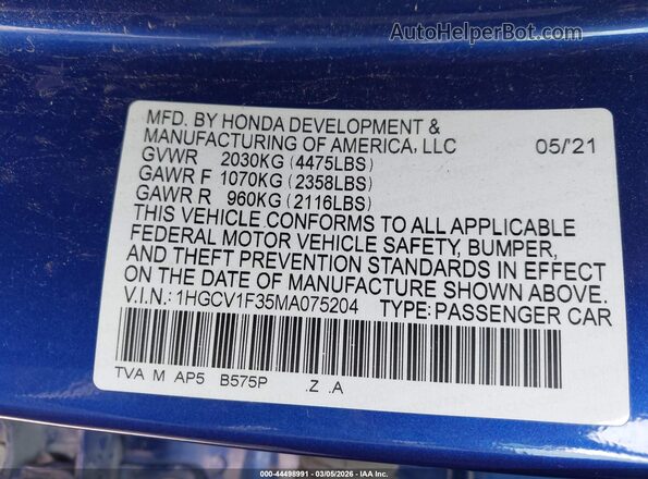 1HGCV1F35MA075204 2021 HONDA ACCORD Синий Вид подкапотного пространства