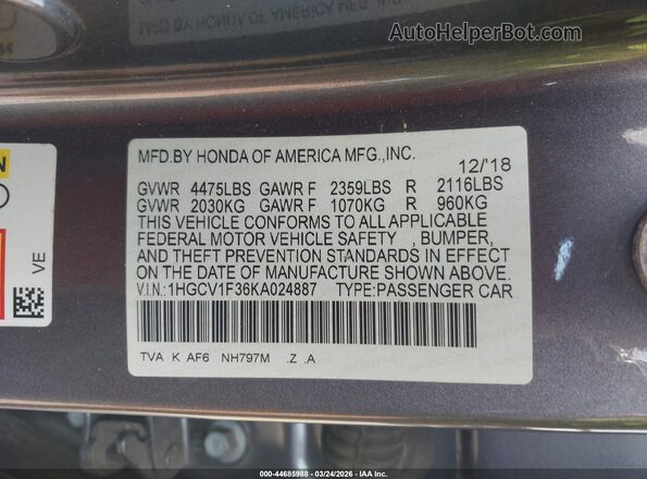 1HGCV1F36KA024887 2019 HONDA ACCORD Gray 