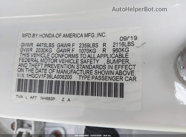 1HGCV1F36LA006200 2020 HONDA ACCORD White 