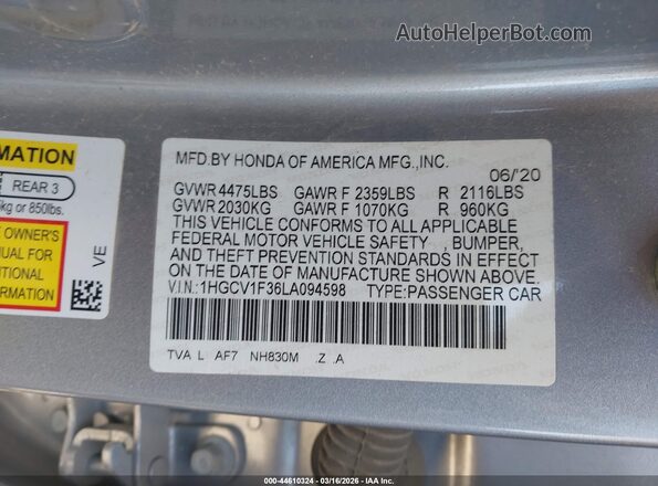 1HGCV1F36LA094598 2020 HONDA ACCORD Gray 