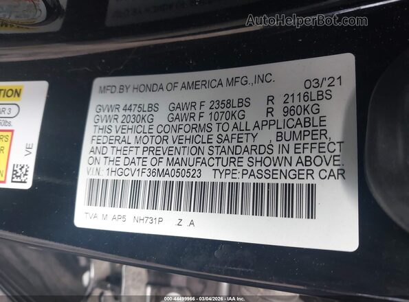 1HGCV1F36MA050523 2021 HONDA ACCORD Black Շարժիչի բաժամունքի տեսք