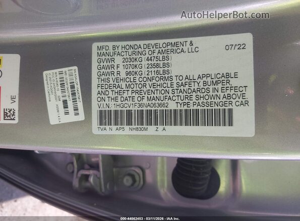 1HGCV1F36NA063662 2022 HONDA ACCORD Silver Вид наклейки з VIN-кодом