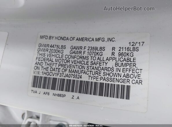 1HGCV1F37JA075524 2018 HONDA ACCORD White Շարժիչի բաժամունքի տեսք