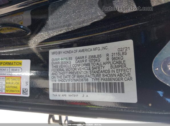 1HGCV1F37MA038798 2021 HONDA ACCORD Black 