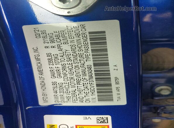 1HGCV1F37MA043483 2021 HONDA ACCORD Blue Շարժիչի բաժամունքի տեսք