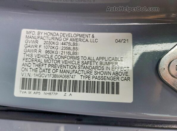 1HGCV1F38MA068747 2021 HONDA ACCORD Blue Vista del compartimento del motor