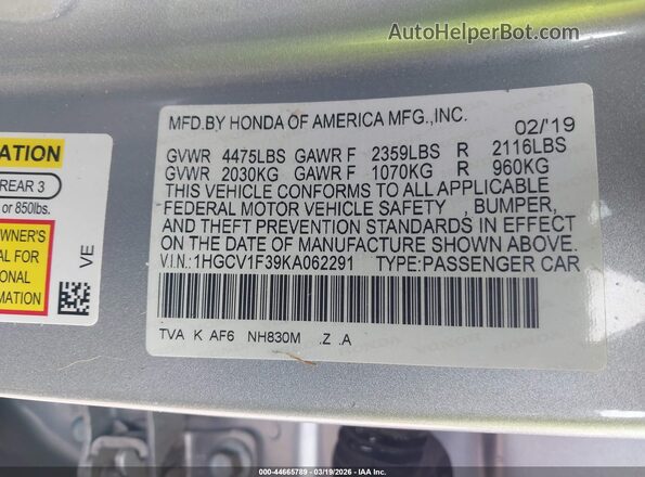 1HGCV1F39KA062291 2019 HONDA ACCORD Silver Engine compartment view