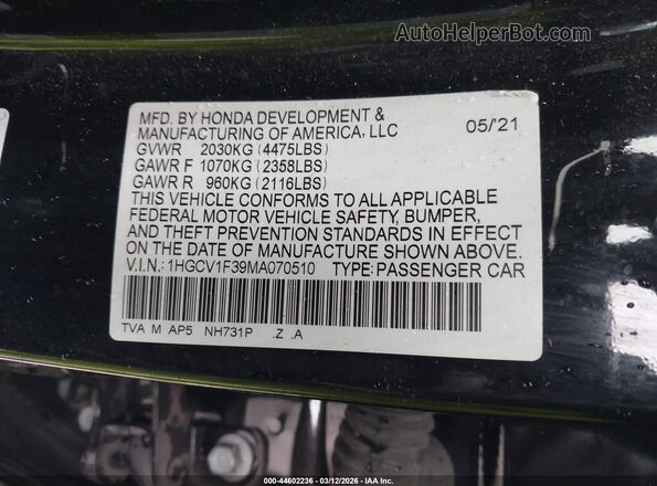 1HGCV1F39MA070510 2021 HONDA ACCORD Black Widok komory silnika