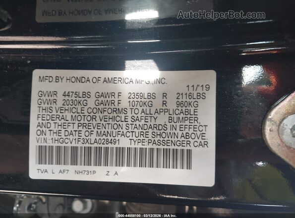 1HGCV1F3XLA028491 2020 HONDA ACCORD Black Widok komory silnika