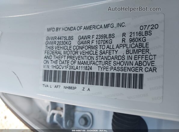1HGCV1F3XLA111824 2020 HONDA ACCORD White Widok komory silnika