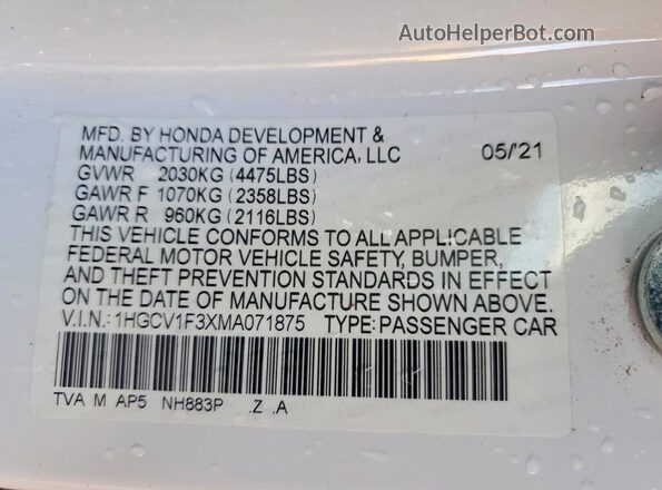 1HGCV1F3XMA071875 2021 HONDA ACCORD Белый Вид подкапотного пространства