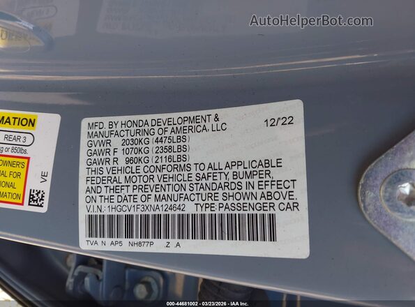 1HGCV1F3XNA124642 2022 HONDA ACCORD Blue Вид підкапотного простору